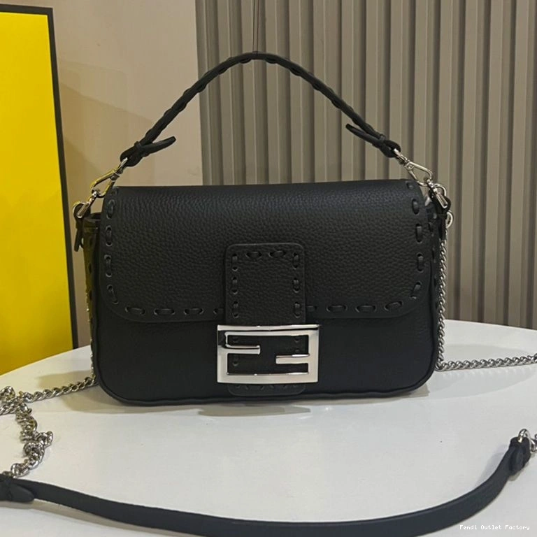HOT Cuoio Romano Bag Fendi In Mini Black Baguette Selleria Leather 0712